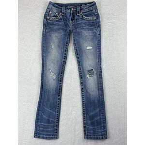 Miss Me Jeans Womens Blue Signature Cuffed Straight Distressed Jeans‎ Size 25
